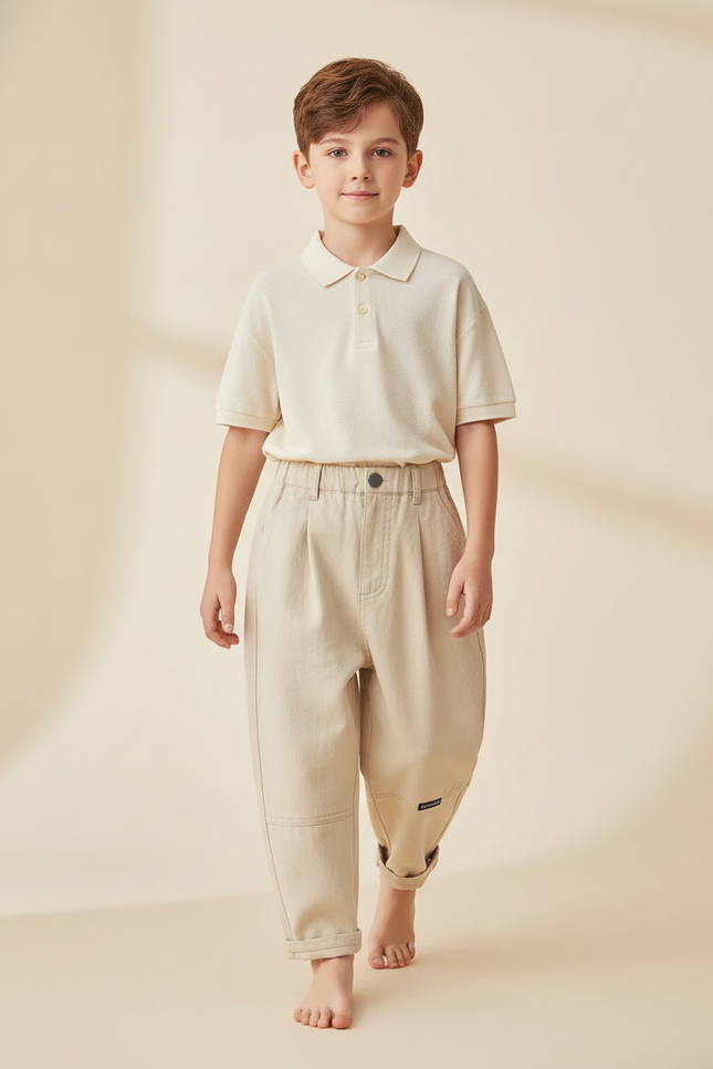 Pantalon Baggy Garçon Beige Taille Haute - Toile