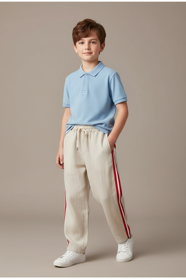 Pantalon Baggy Beige Rayures Rouges Ample Lin Enfant