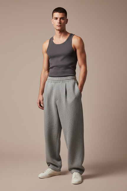 Pantalon Baggy Gris Chiné Ample Décontracté Confortable - Molleton