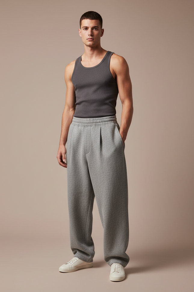 Pantalon Baggy Gris Chiné Ample Décontracté Confortable - Molleton