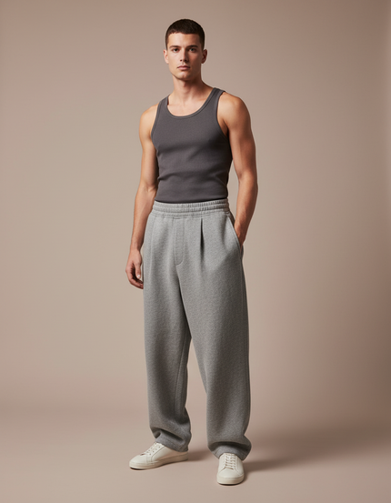 Pantalon Baggy Gris Chiné Ample Décontracté Confortable - Molleton