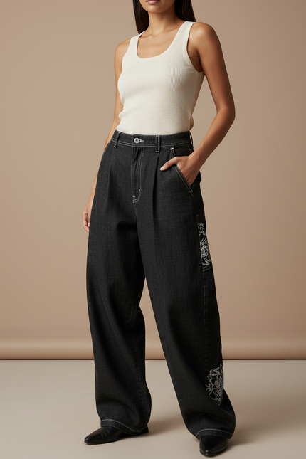 Pantalon Baggy Noir Brodé Ample Denim Streetwear Femme - Jean