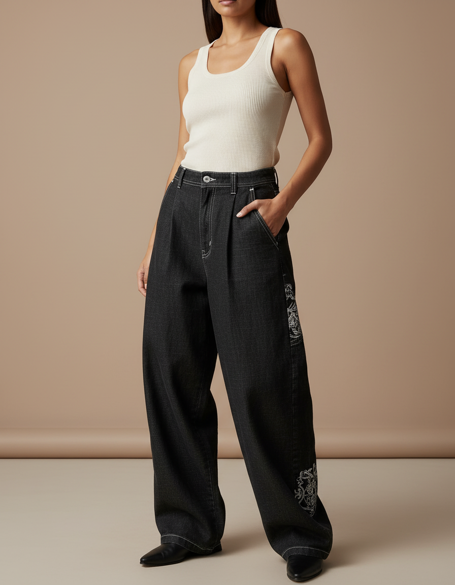 Pantalon Baggy Noir Brodé Ample Denim Streetwear Femme - Jean