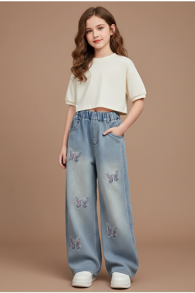 Pantalon Baggy Bleu Jean Papillons Ample Coton Fille