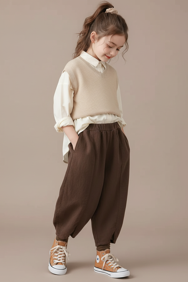 Pantalon Baggy Marron Ample Lin Coton Enfant