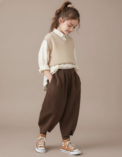 Pantalon Baggy Marron Ample Lin Coton Enfant