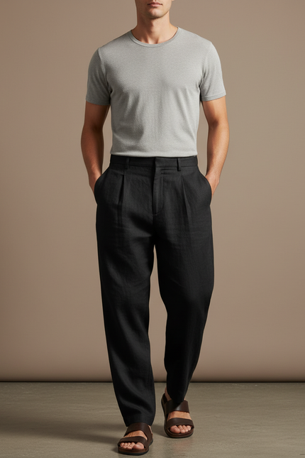 Pantalon Baggy Noir Lin Plissé Large Décontracté Homme