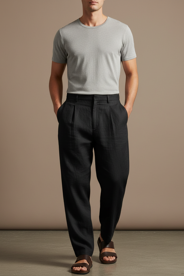 Pantalon Baggy Noir Lin Plissé Large Décontracté Homme