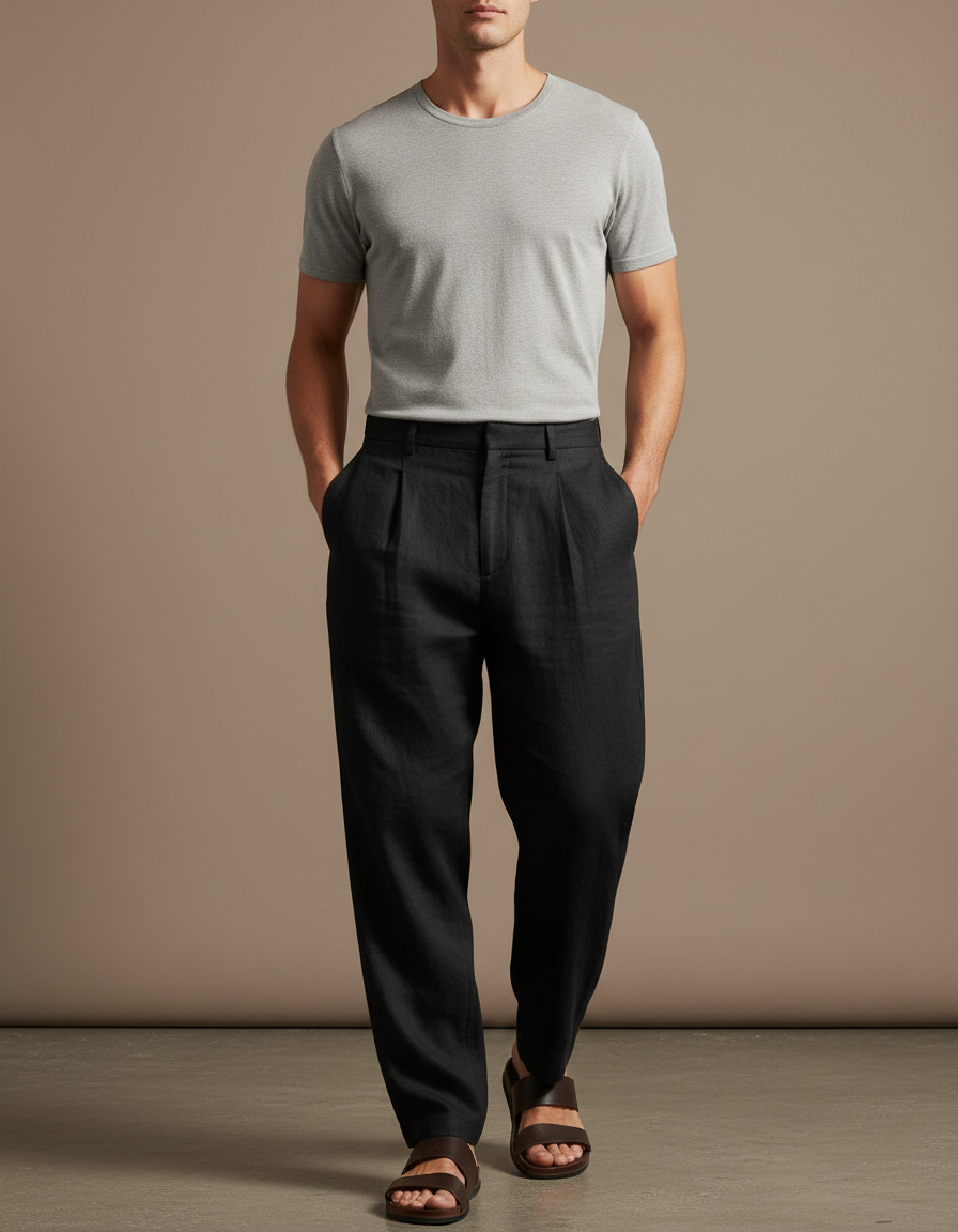 Pantalon Baggy Noir Lin Plissé Large Décontracté Homme
