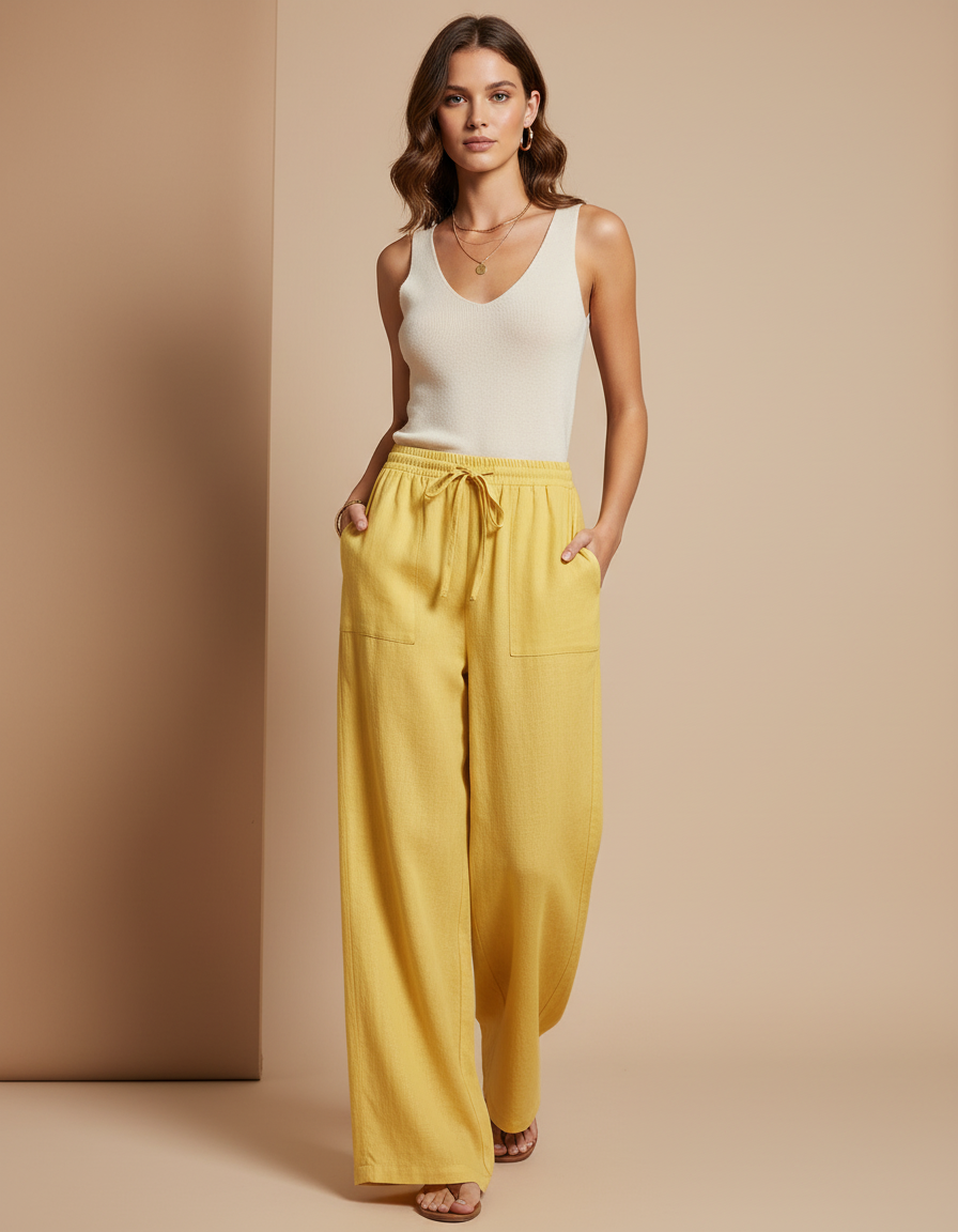 Pantalon Baggy Jaune Lin Ample Fluide Femme