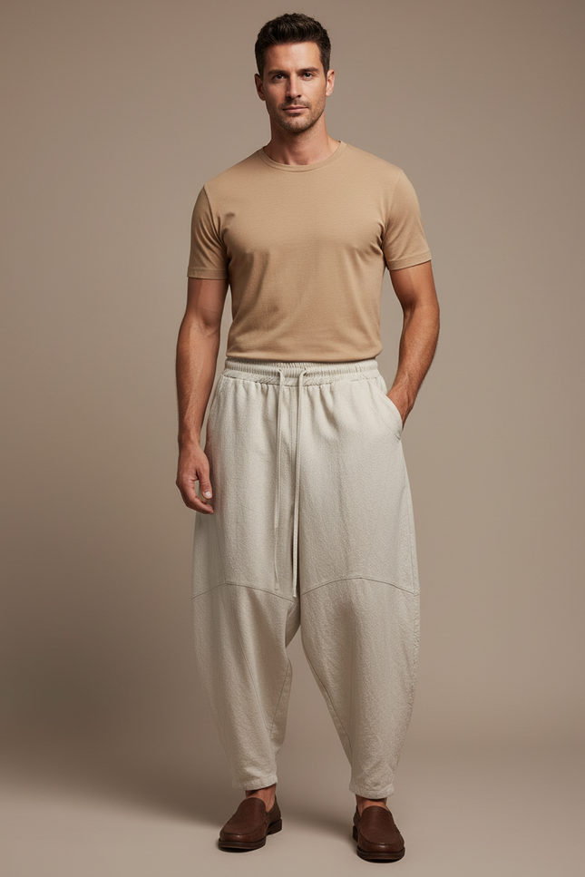 Pantalon Baggy Lin Beige Ample Décontracté Cordon Homme