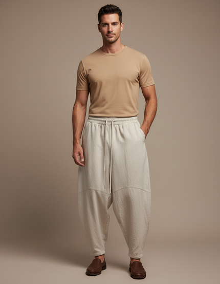 Pantalon Baggy Lin Beige Ample Décontracté Cordon Homme