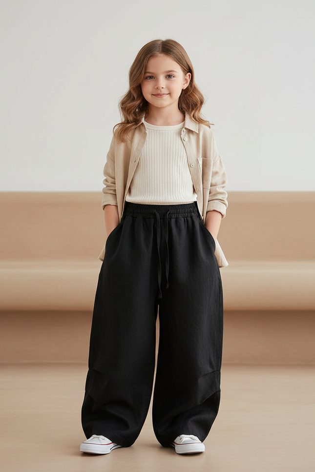 Pantalon Baggy Noir Ample Lin Fille Décontracté