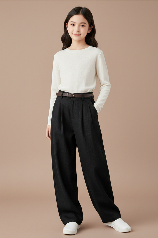 Pantalon Baggy Noir Ample Plissé Fille Décontracté - Lin