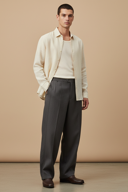 Pantalon Baggy Gris Foncé Droit Ample Décontracté Homme - Laine