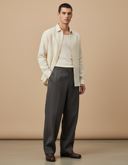 Pantalon Baggy Gris Foncé Droit Ample Décontracté Homme - Laine