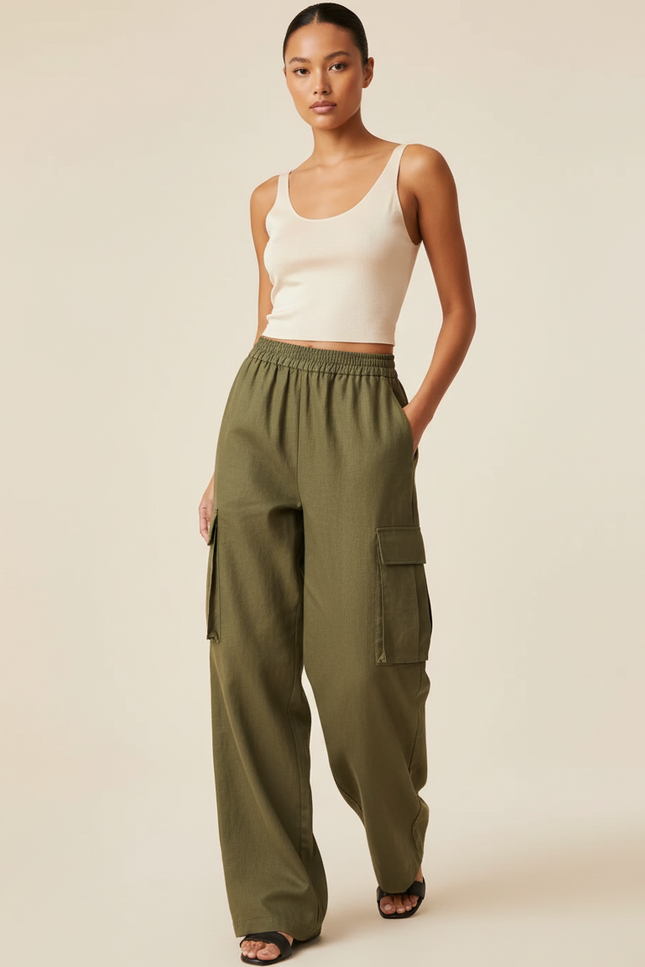 Pantalon Baggy Vert Kaki Ample Cargo Taille Élastique - Toile