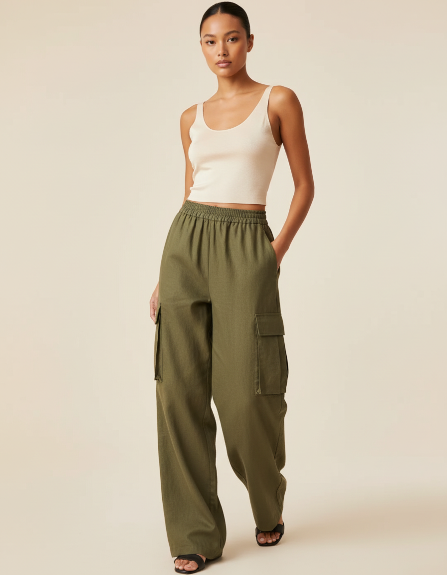 Pantalon Baggy Vert Kaki Ample Cargo Taille Élastique - Toile