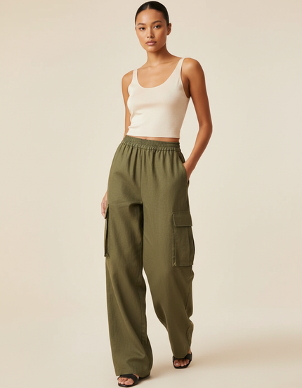 Pantalon Baggy Vert Kaki Ample Cargo Taille Élastique - Toile