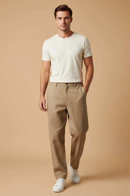 Pantalon Baggy Beige Ample Décontracté Lin Homme
