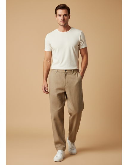 Pantalon Baggy Beige Ample Décontracté Lin Homme