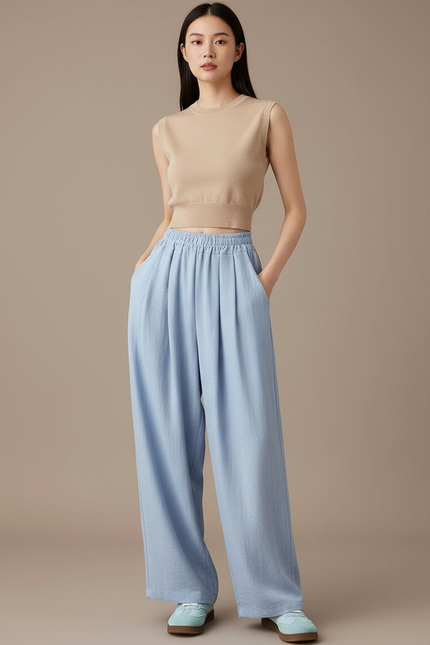 Pantalon Baggy Bleu Clair Fluide Ample Femme - Lin