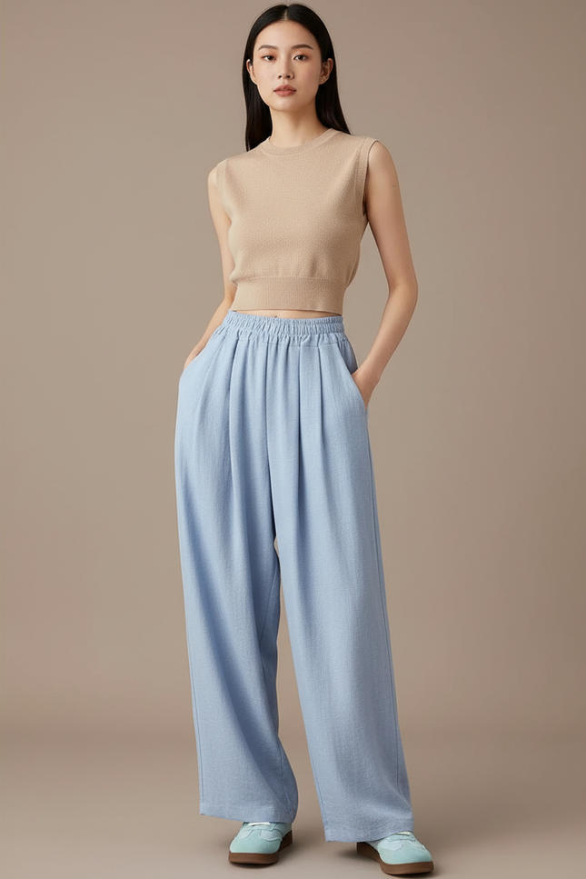 Pantalon Baggy Bleu Clair Fluide Ample Femme - Lin