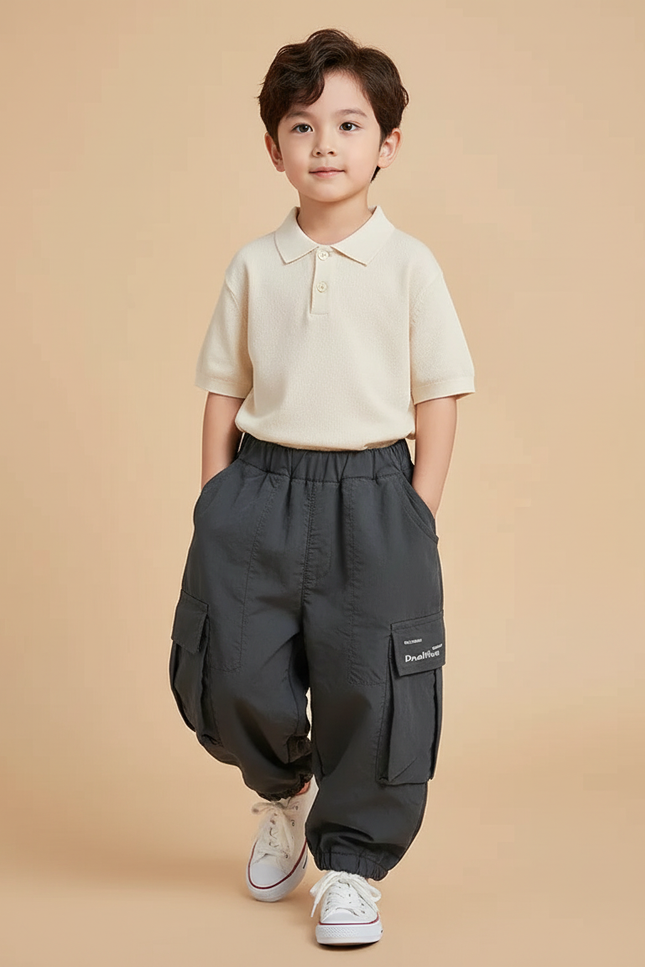 Pantalon Baggy Gris Cargo Ample Enfant Coton - Polyester