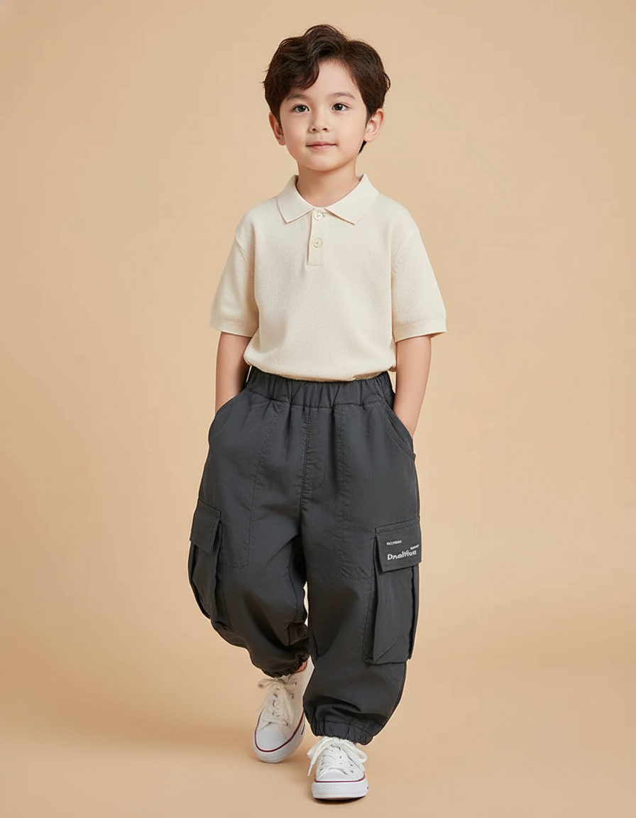 Pantalon Baggy Gris Cargo Ample Enfant Coton - Polyester
