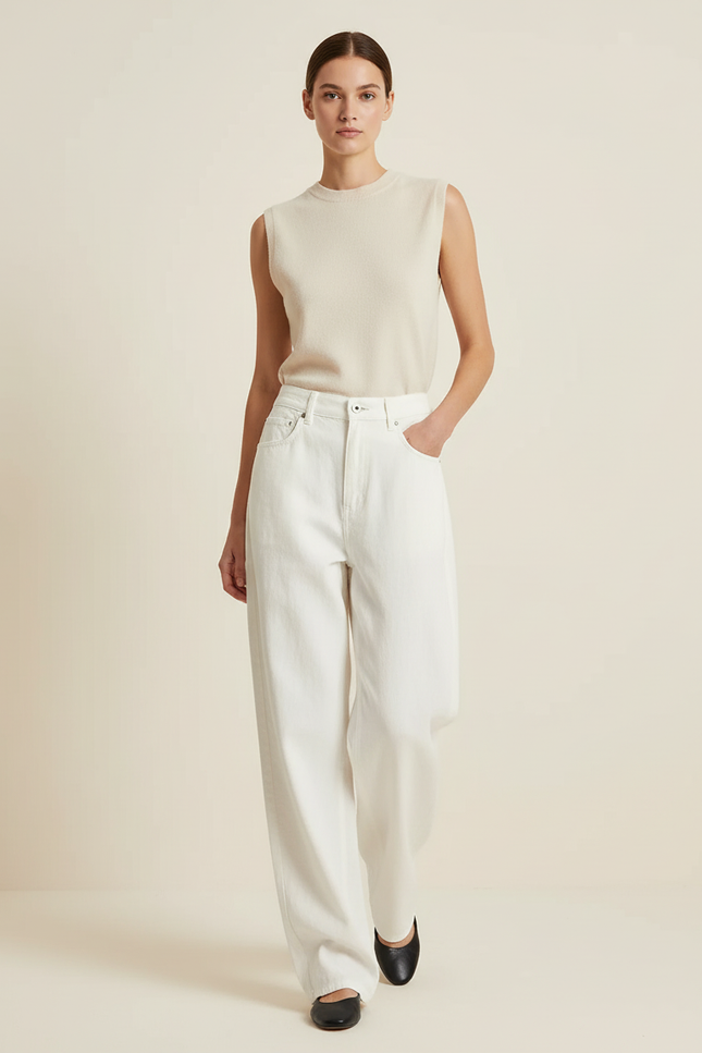 Pantalon Baggy Blanc Droit Ample Décontracté Femme - Jean