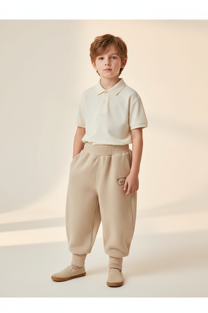 Pantalon Baggy Beige Molletonné Ample Brodé Enfant