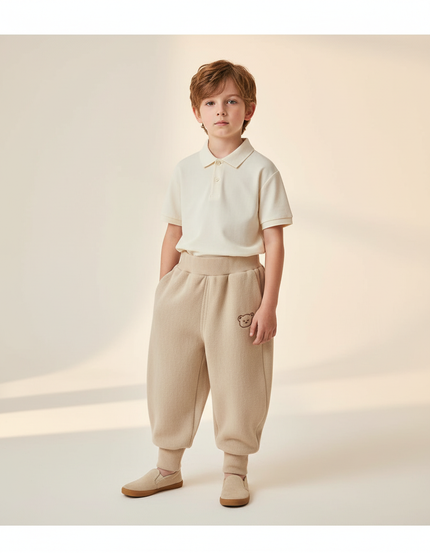 Pantalon Baggy Beige Molletonné Ample Brodé Enfant