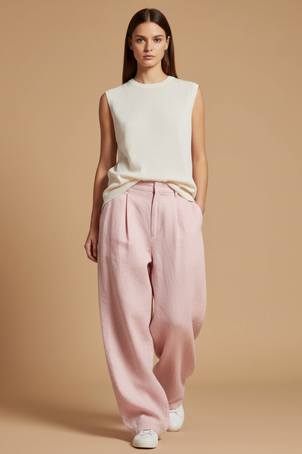 Pantalon Baggy Rose Lin Ample Plissé Confortable