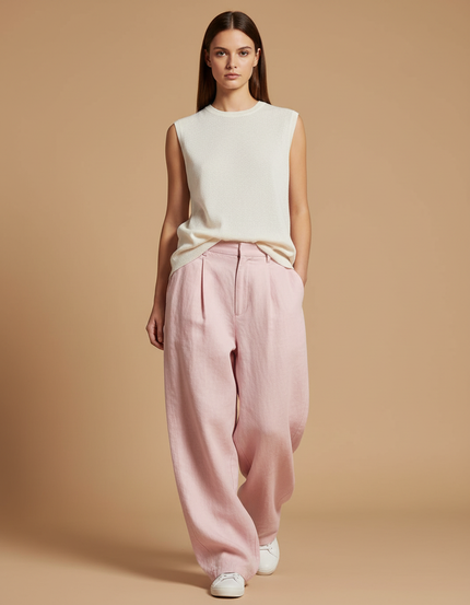 Pantalon Baggy Rose Lin Ample Plissé Confortable