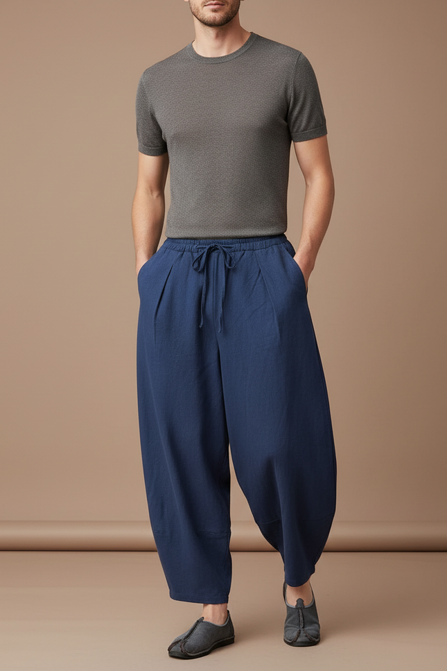 Pantalon Baggy Bleu Marine Lin Ample Plissé Homme
