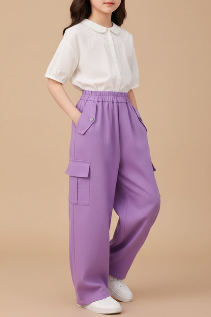 Pantalon Baggy Violet Ample Cargo Enfant Décontracté - Polyester
