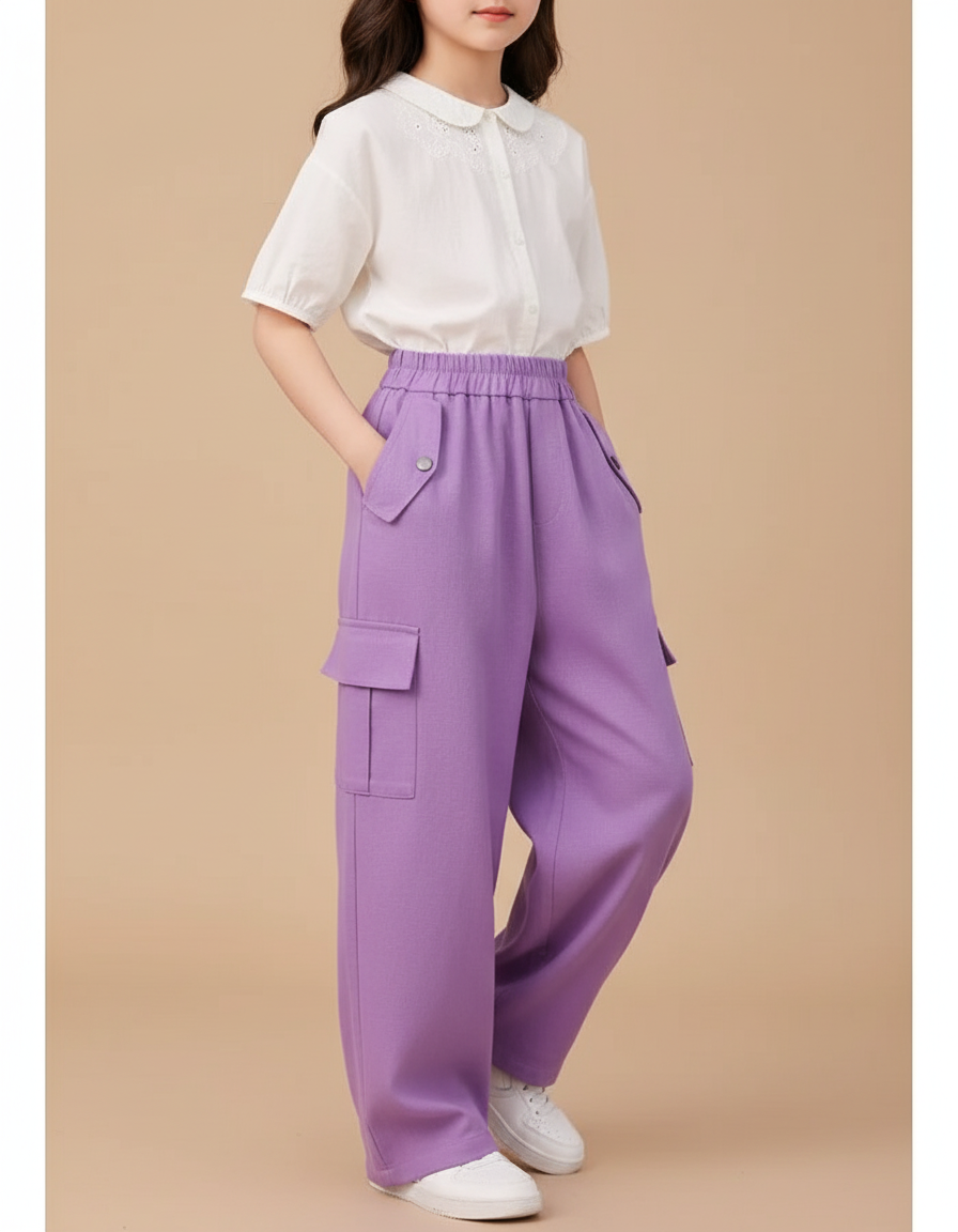 Pantalon Baggy Violet Ample Cargo Enfant Décontracté - Polyester