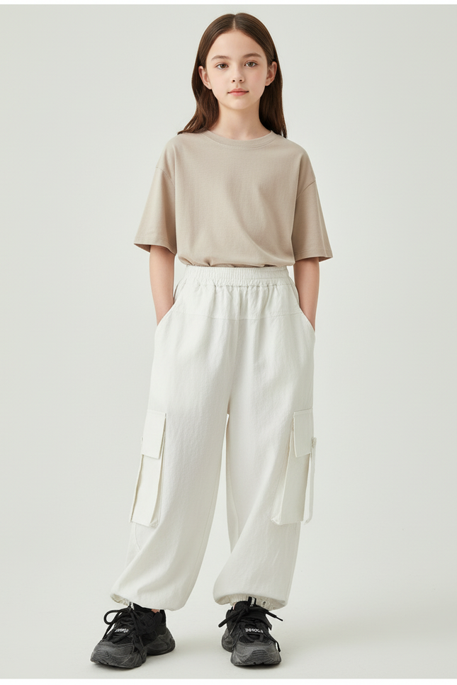 Pantalon Baggy Blanc Cargo Ample Enfants Cordon - Coton