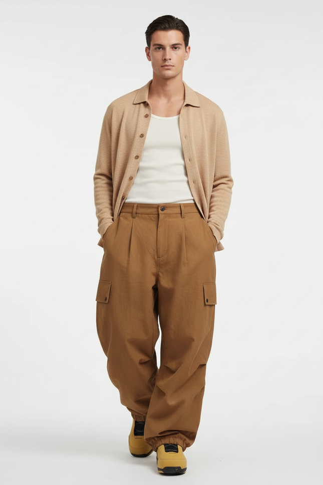 Pantalon Baggy Marron Ample Cargo Plissé Homme - Toile