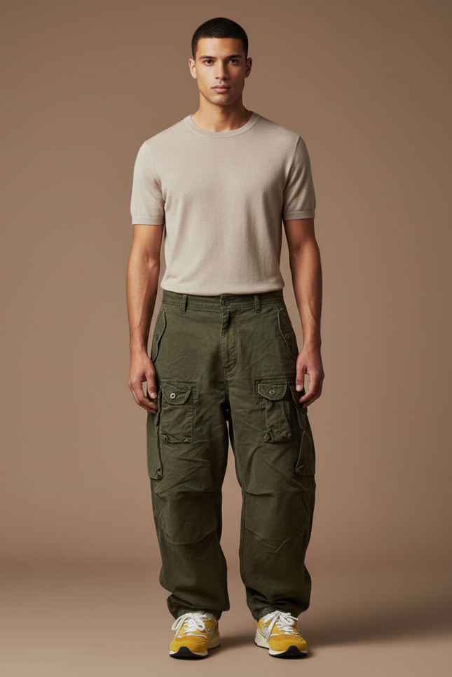 Pantalon Baggy Cargo Vert Ample Vintage Homme - Kaki Toile