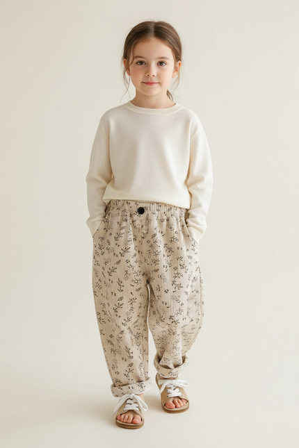 Pantalon Baggy Crème Côtelé Imprimé Floral Ample Enfant - Beige Cordé