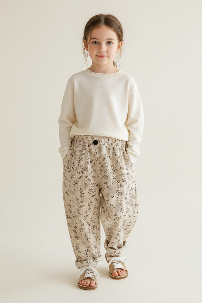 Pantalon Baggy Crème Côtelé Imprimé Floral Ample Enfant - Beige Cordé