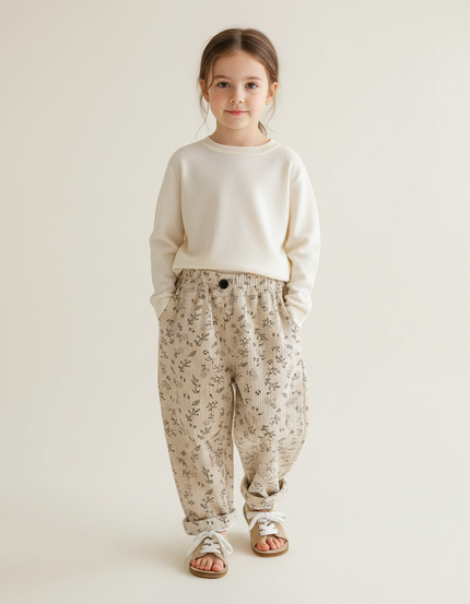 Pantalon Baggy Crème Côtelé Imprimé Floral Ample Enfant - Beige Cordé