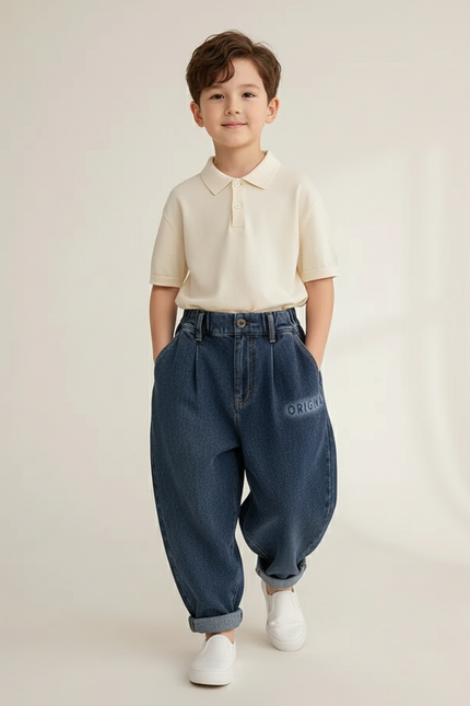 Pantalon Baggy Jean Bleu Plissé Décontracté Garçon