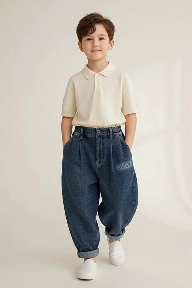 Pantalon Baggy Jean Bleu Plissé Décontracté Garçon