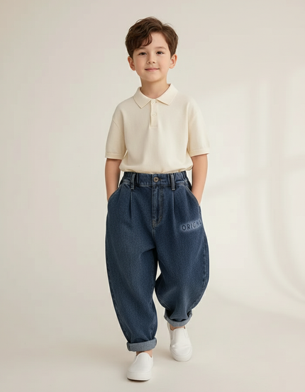 Pantalon Baggy Jean Bleu Plissé Décontracté Garçon