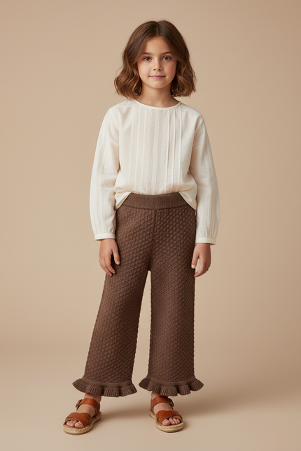Pantalon Baggy Marron Tricoté Ample Volants Fille - Maille