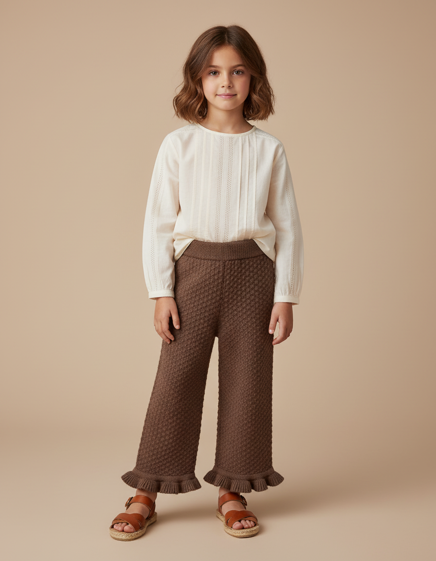 Pantalon Baggy Marron Tricoté Ample Volants Fille - Maille