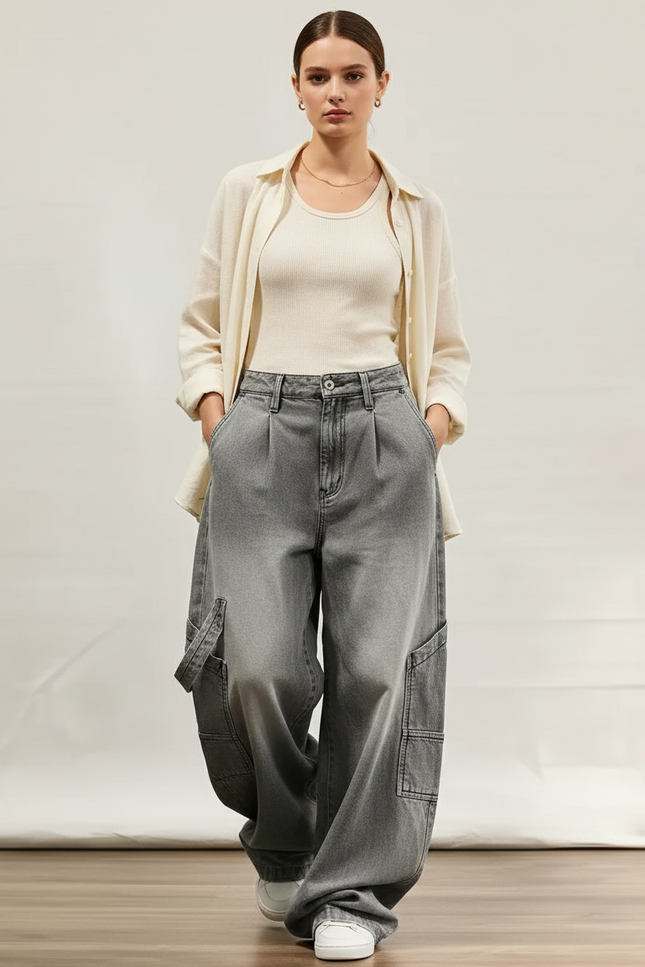 Pantalon Baggy Gris Délavé Ample Cargo Plissé Femme - Jean