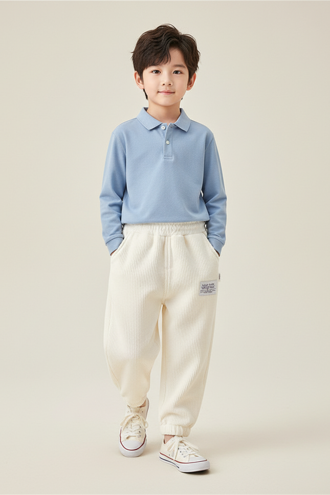 Pantalon Baggy Blanc Côtelé Ample Décontracté Enfant - Cordé